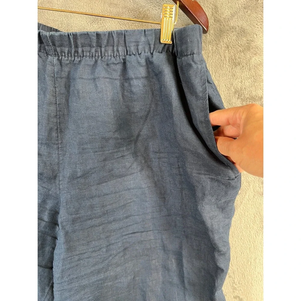 H&M Linen Wide Leg Pants Womens Large 34x26 Navy Blue Lightweight Pull On